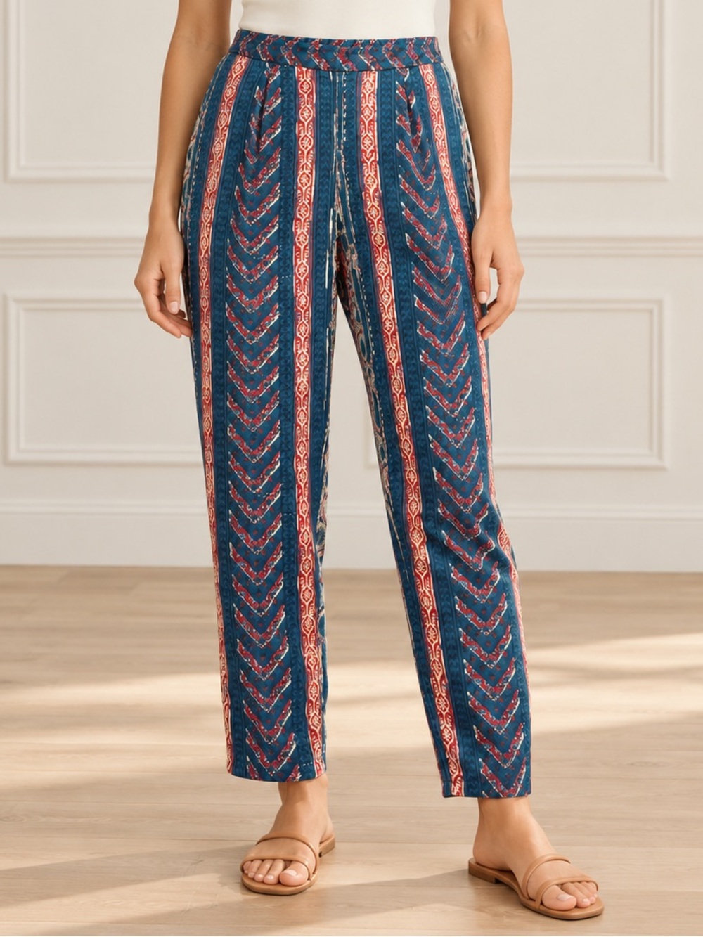 Lauren Ralph Lauren Pants 8 Blue Red Stripe Boho Tapered Pull On Elastic Waist